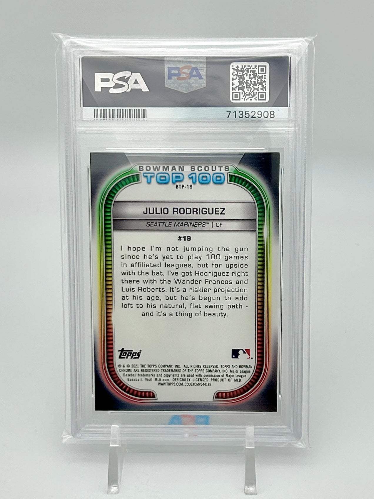 2021 Bowman Chrome Scouts Top 100 Green Refractor 52/99: #BTP-19 Julio Rodriguez (PSA 9)