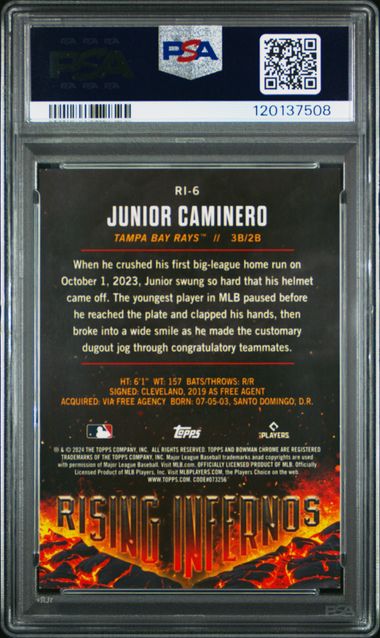 2024 Bowman Rising Infernos Green /99 #RI6 Junior Caminero PSA 8 - Back