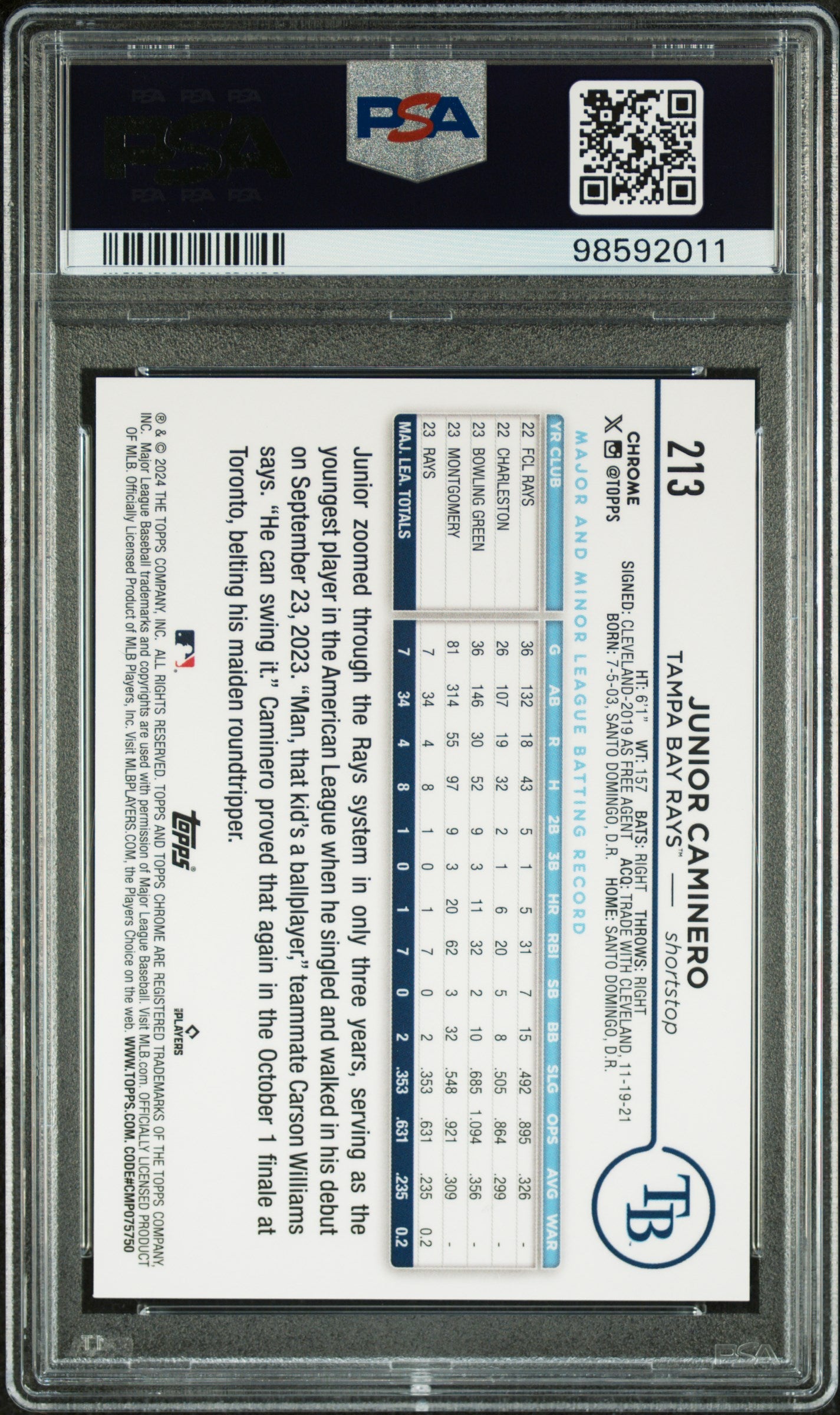 2024 Topps Chrome Variation #213 Junior Caminero PSA 10