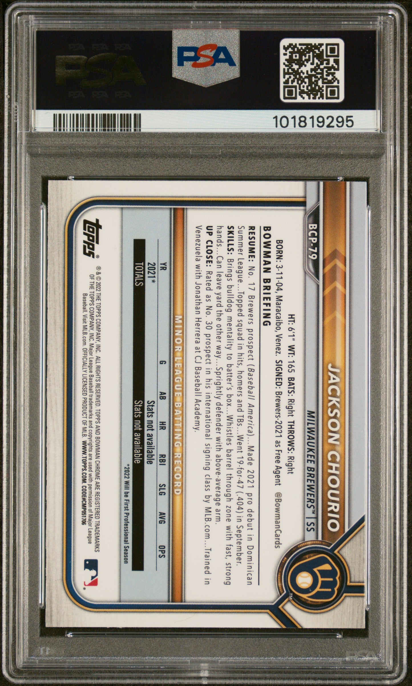 2022 Bowman Chrome Prospects #BCP-79 Jackson Chourio PSA 9