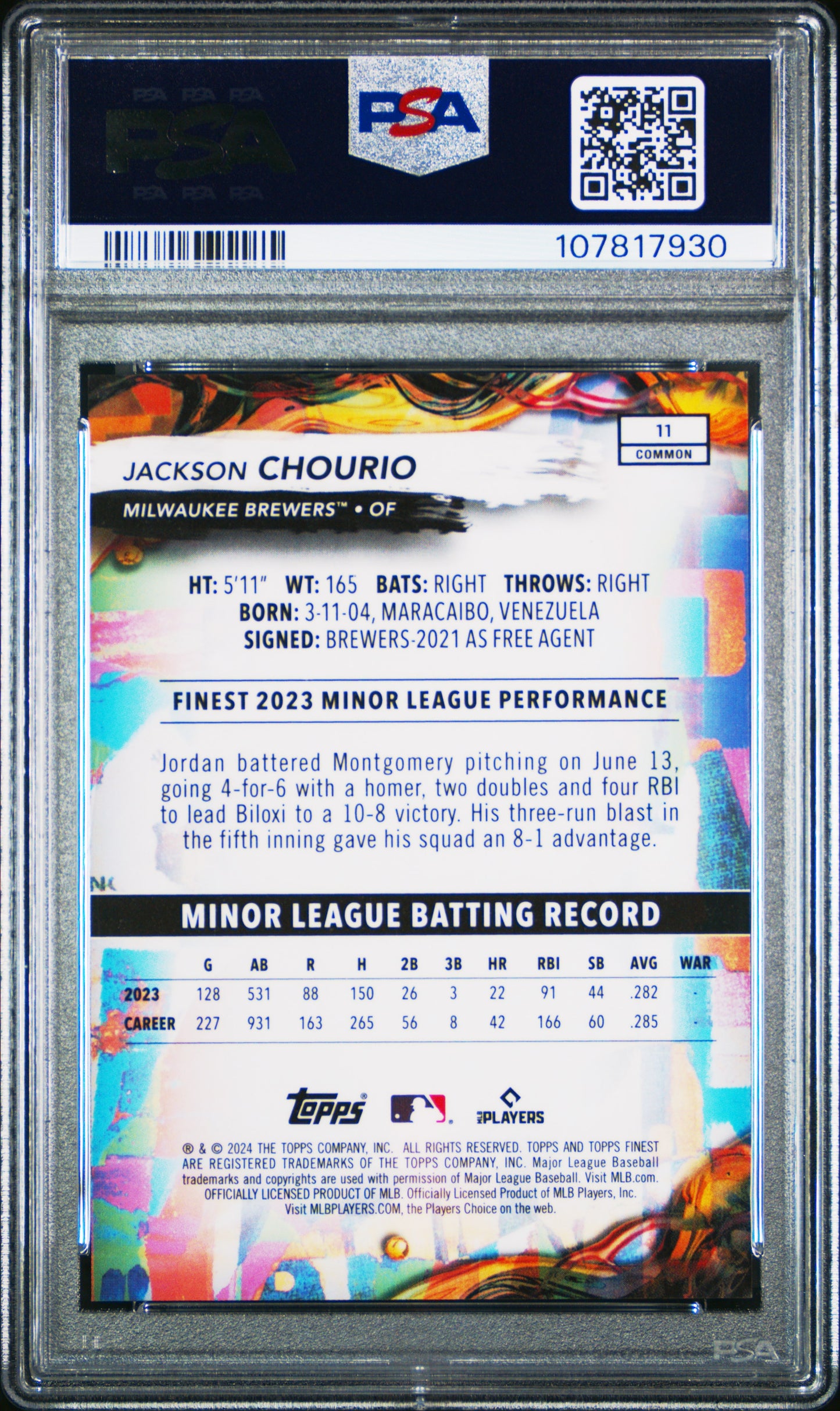 2024 Topps Finest Blue Checkerboard Refractor #11 Jackson Chourio PSA 10