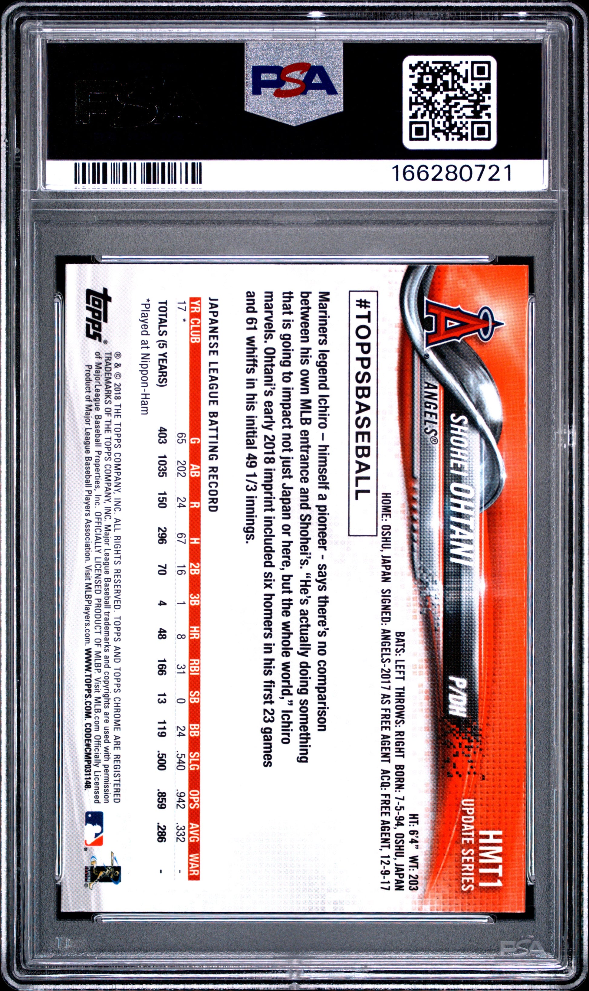 2018 Topps Chrome Update #HMT1 Shohei Ohtani PSA 9
