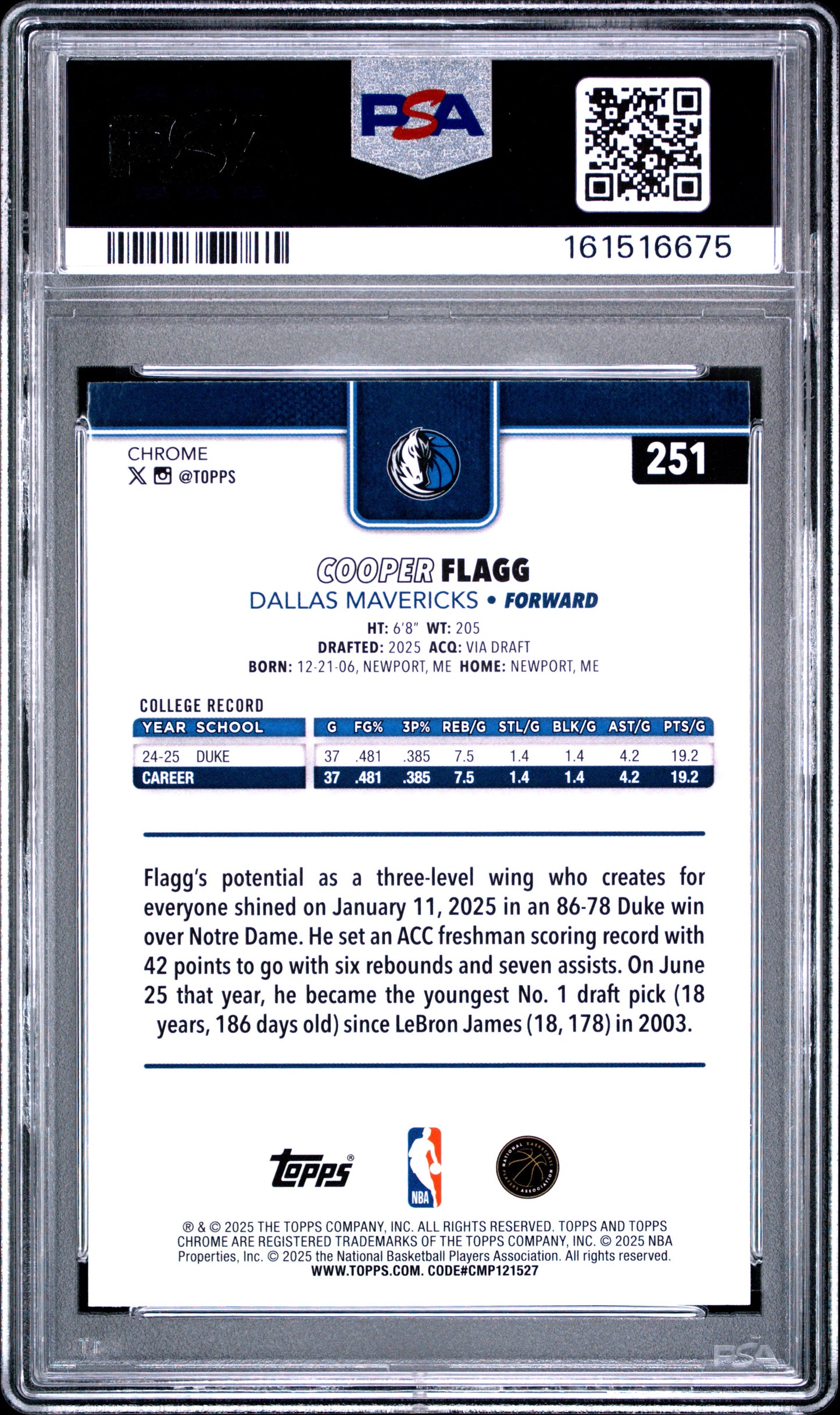 2025 Topps Chrome Prism Refractor #251 Cooper Flagg PSA 9