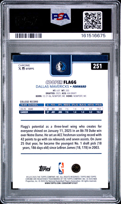 2025 Topps Chrome Prism Refractor #251 Cooper Flagg PSA 9