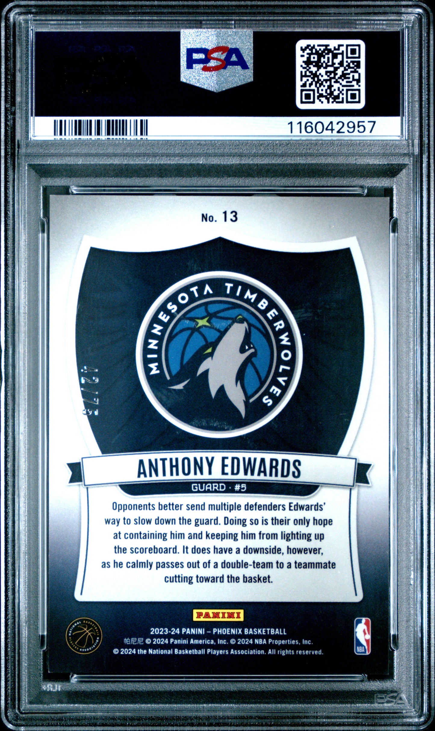 2023 Panini Phoenix Crusade Purple /75 #13 Anthony Edwards PSA 9