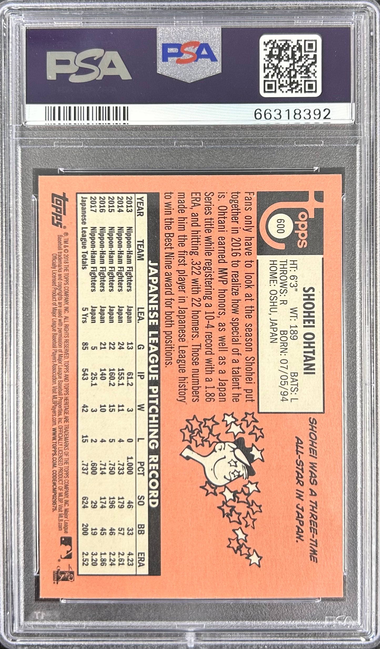 2018 Topps Heritage #600 Shohei Ohtani PSA 10 (66318392)