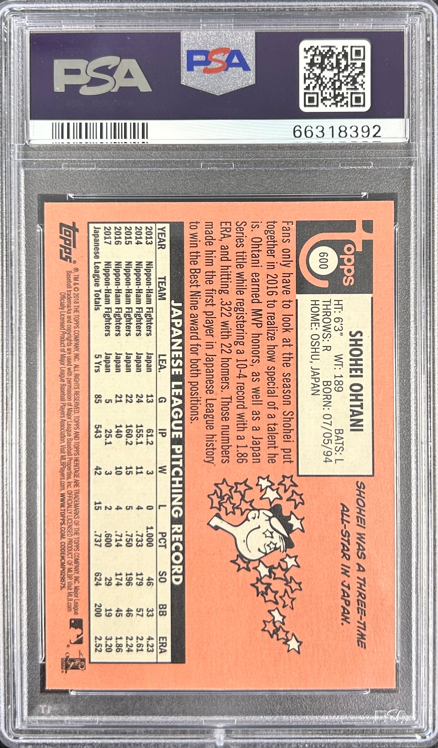 2018 Topps Heritage #600 Shohei Ohtani PSA 10 (66318392)