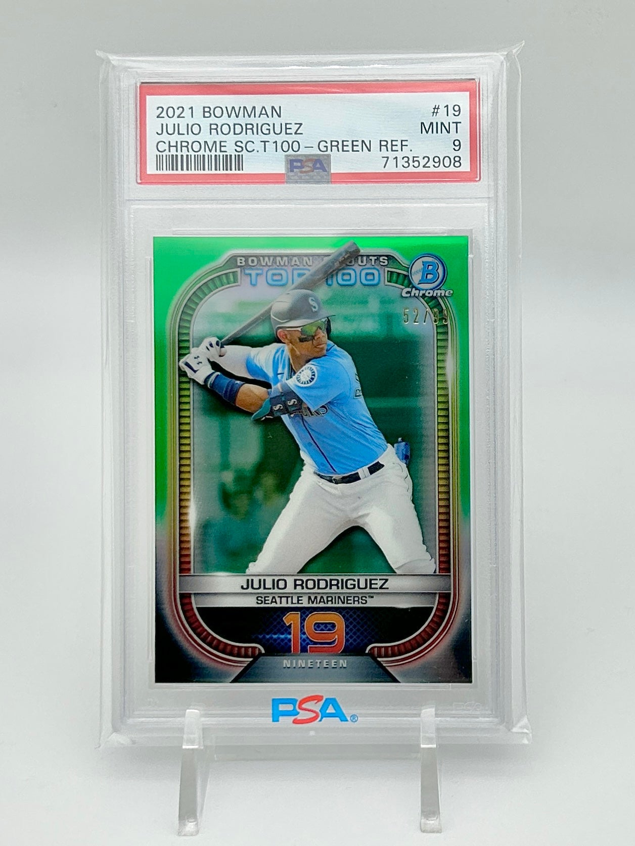 2021 Bowman Chrome Scouts Top 100 Green Refractor 52/99: #BTP-19 Julio Rodriguez (PSA 9)