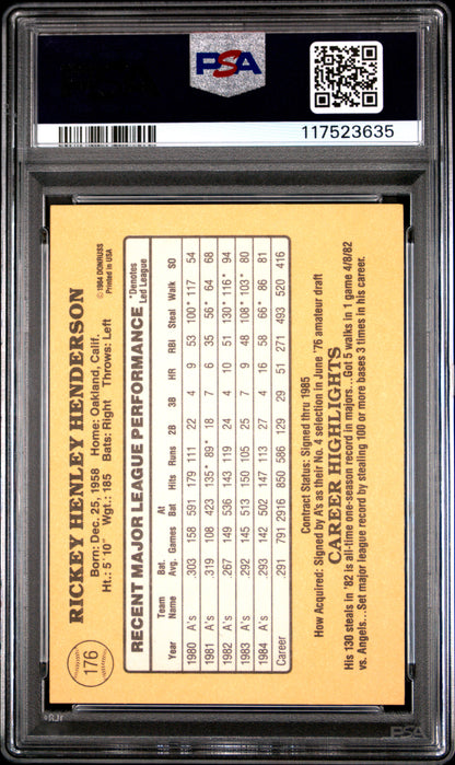 1985 Donruss #176 Rickey Henderson PSA 9