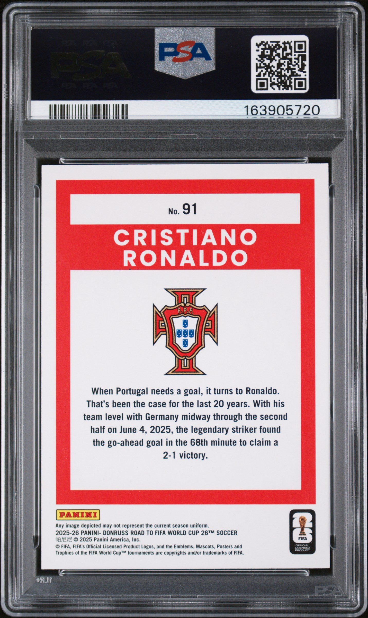 2025-26 Panini Donruss Road to World Cup '26 Blue Swirl #91 Cristiano Ronaldo PSA 9