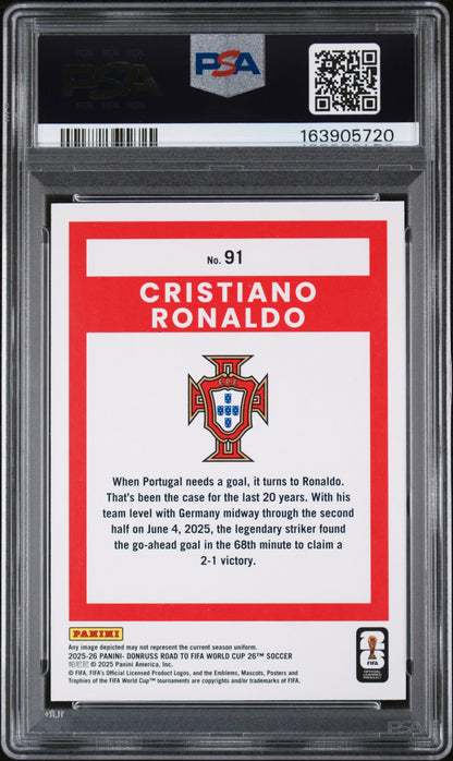 2025-26 Panini Donruss Road to World Cup '26 Blue Swirl #91 Cristiano Ronaldo PSA 9