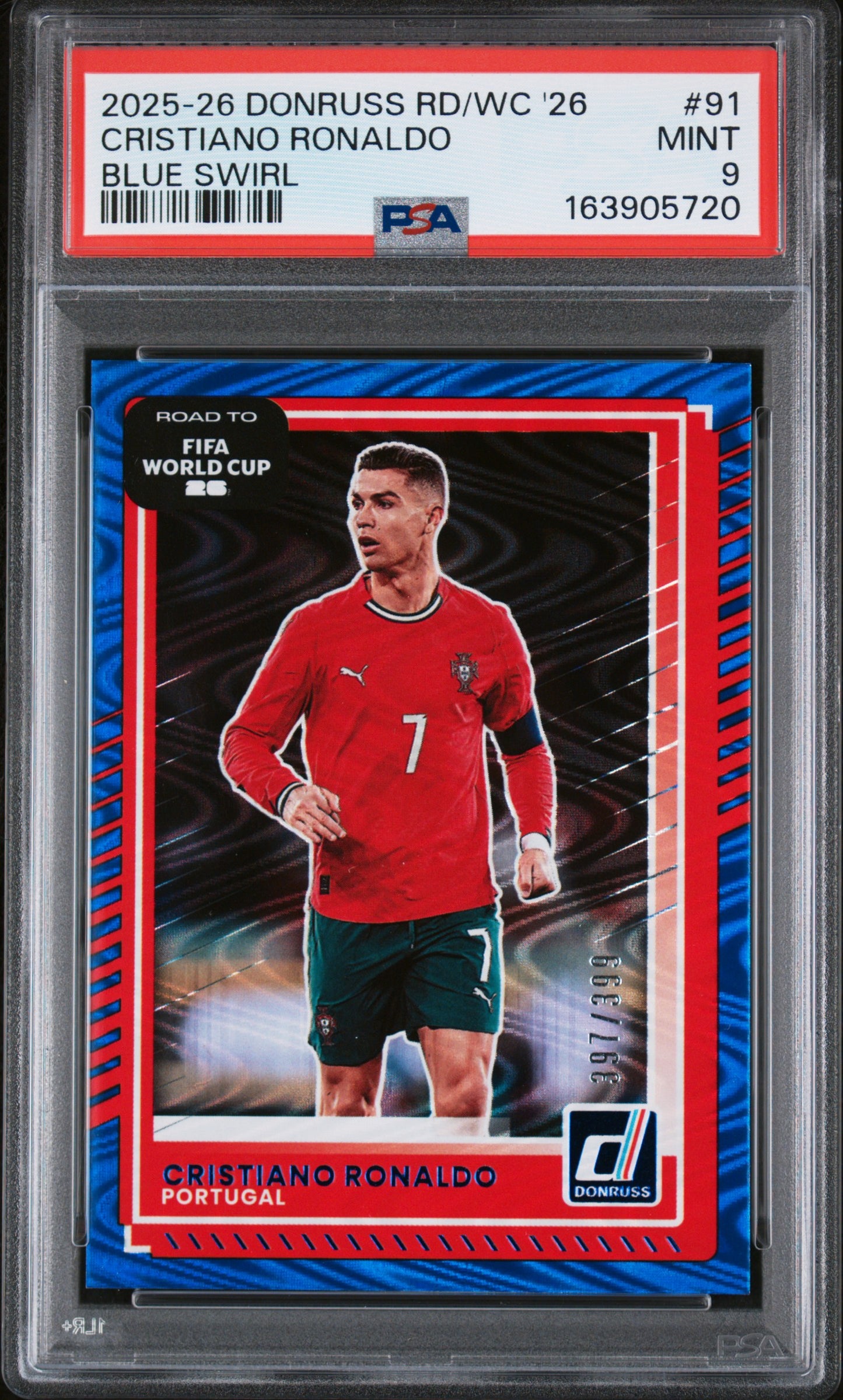 2025-26 Panini Donruss Road to World Cup '26 Blue Swirl #91 Cristiano Ronaldo PSA 9