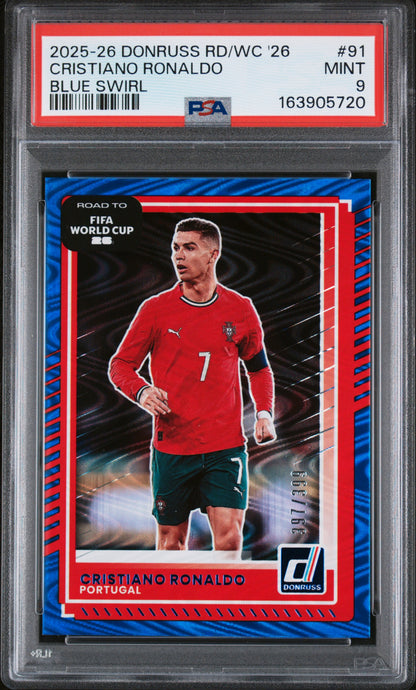 2025-26 Panini Donruss Road to World Cup '26 Blue Swirl #91 Cristiano Ronaldo PSA 9