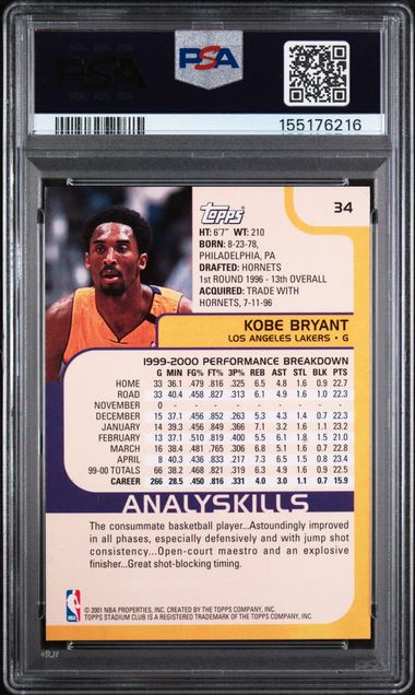 2000 Topps Stadium Club #34 Kobe Bryant PSA 10 - Back