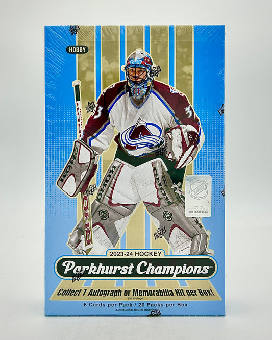 A hobby box of 2-23-24 Upper Deck Parkhurst Champions Hockey trading cards featuring a goaltender from the Colorado Avalanche.