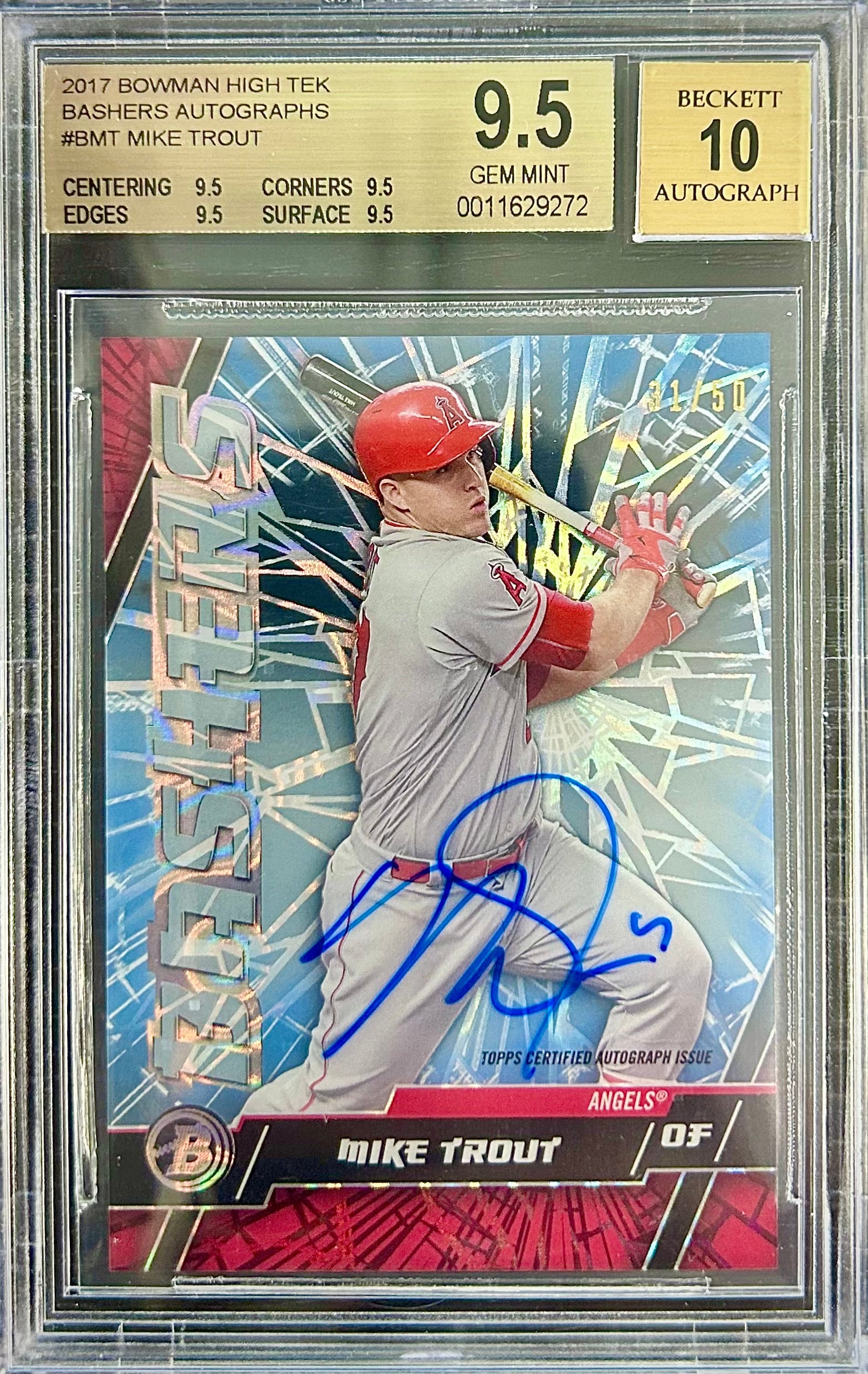 2017 Bowman High-Tek Bashers Autographs /50 #B-MT Mike Trout BGS 9.5 / Auto 10