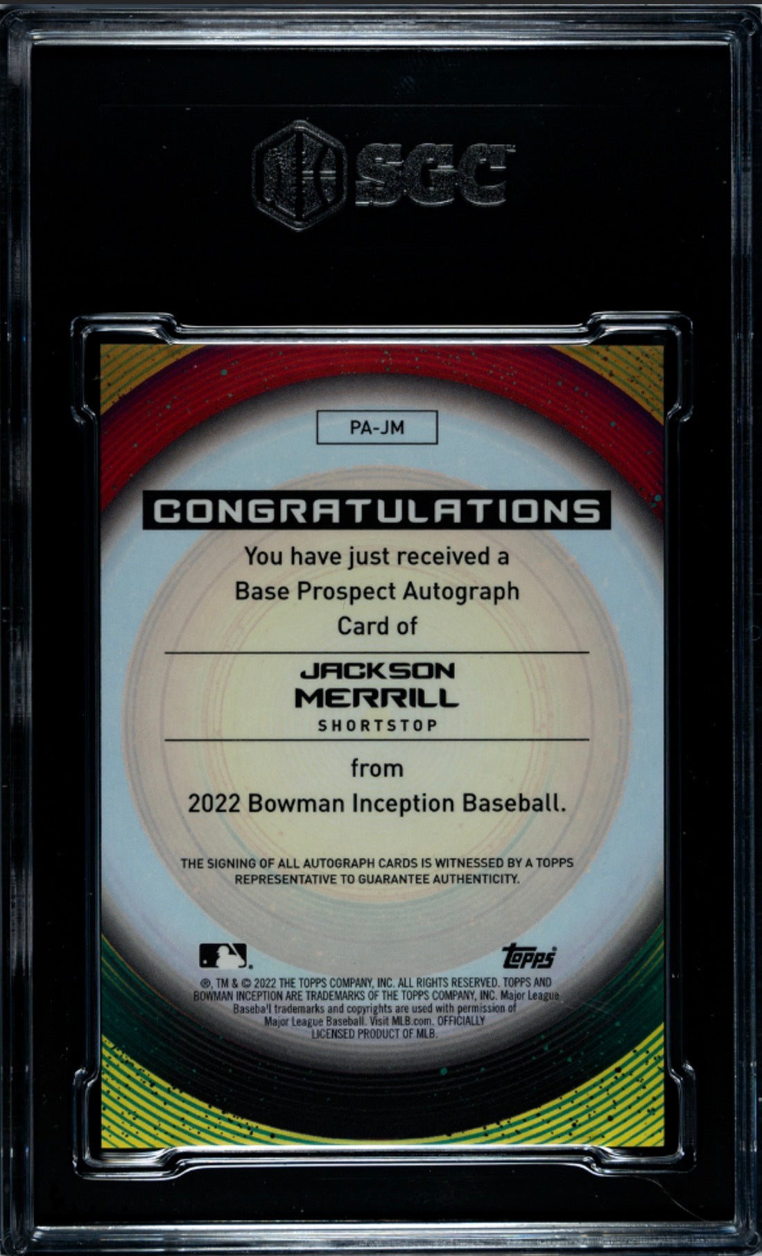 2022 Bowman Inception Prospect Autograph Red Foil /75 #PA-JM Jackson Merrill SGC 10 / Auto 10 - Back