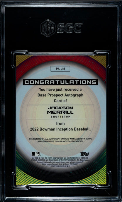 2022 Bowman Inception Prospect Autograph Red Foil /75 #PA-JM Jackson Merrill SGC 10 / Auto 10 - Back
