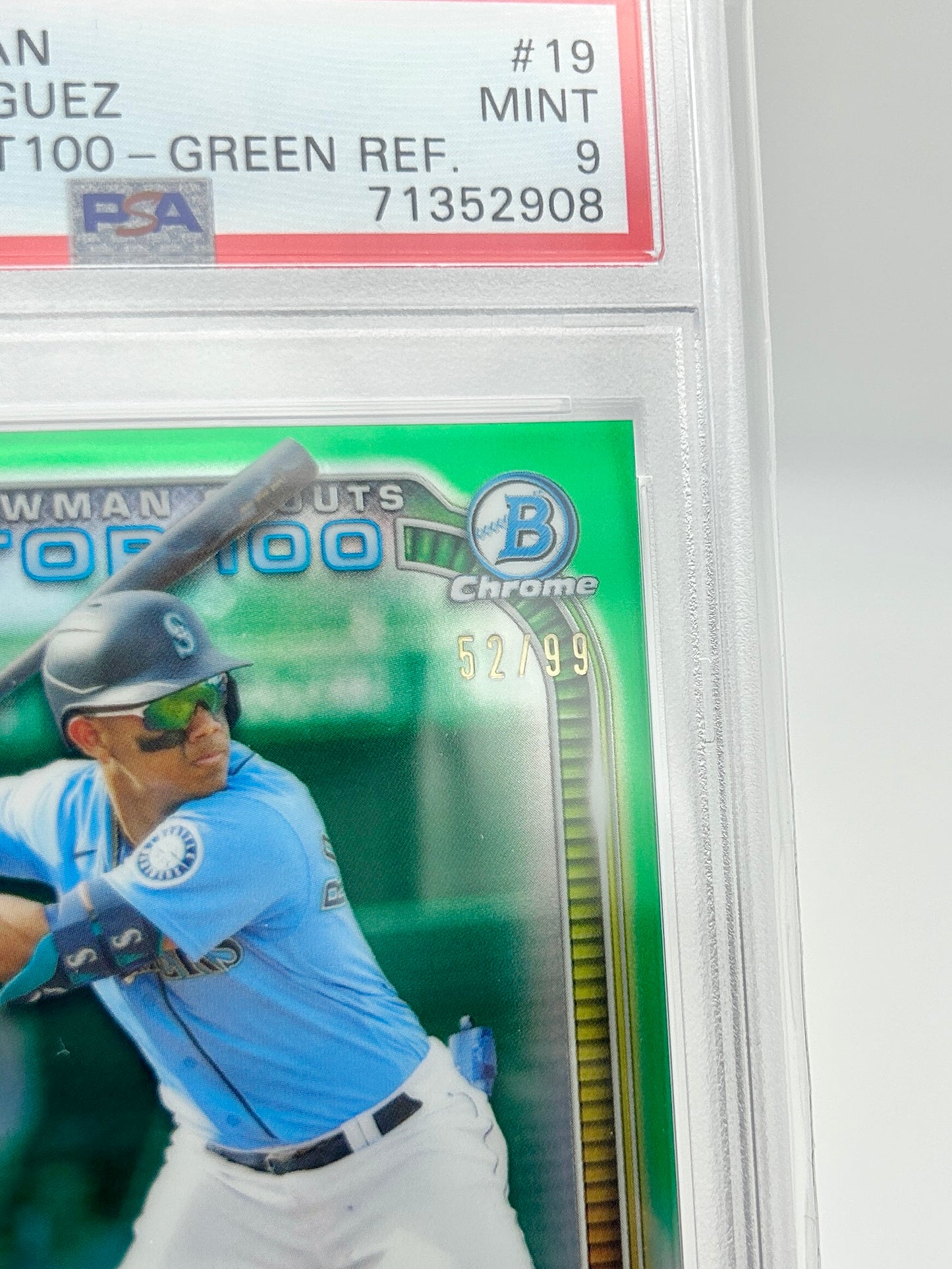 2021 Bowman Chrome Scouts Top 100 Green Refractor 52/99: #BTP-19 Julio Rodriguez (PSA 9)