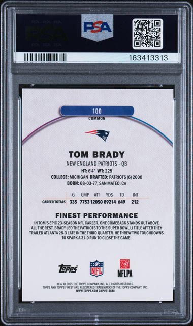 2025 Topps Finest Sky Blue Refractor /325 #100 Tom Brady PSA 10 - Back