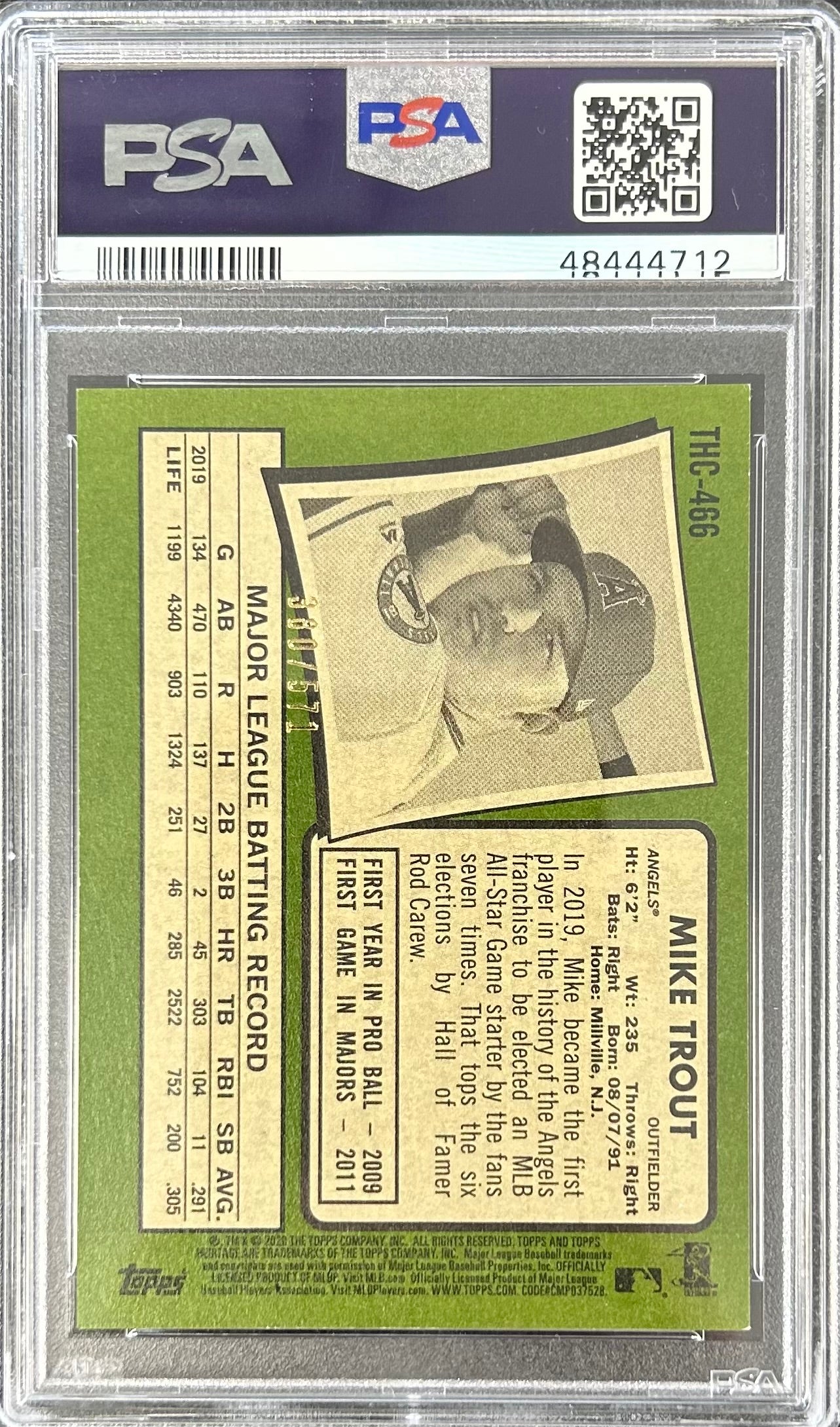2020 Topps Heritage Chrome Refractor /571 #466 Mike Trout PSA 9