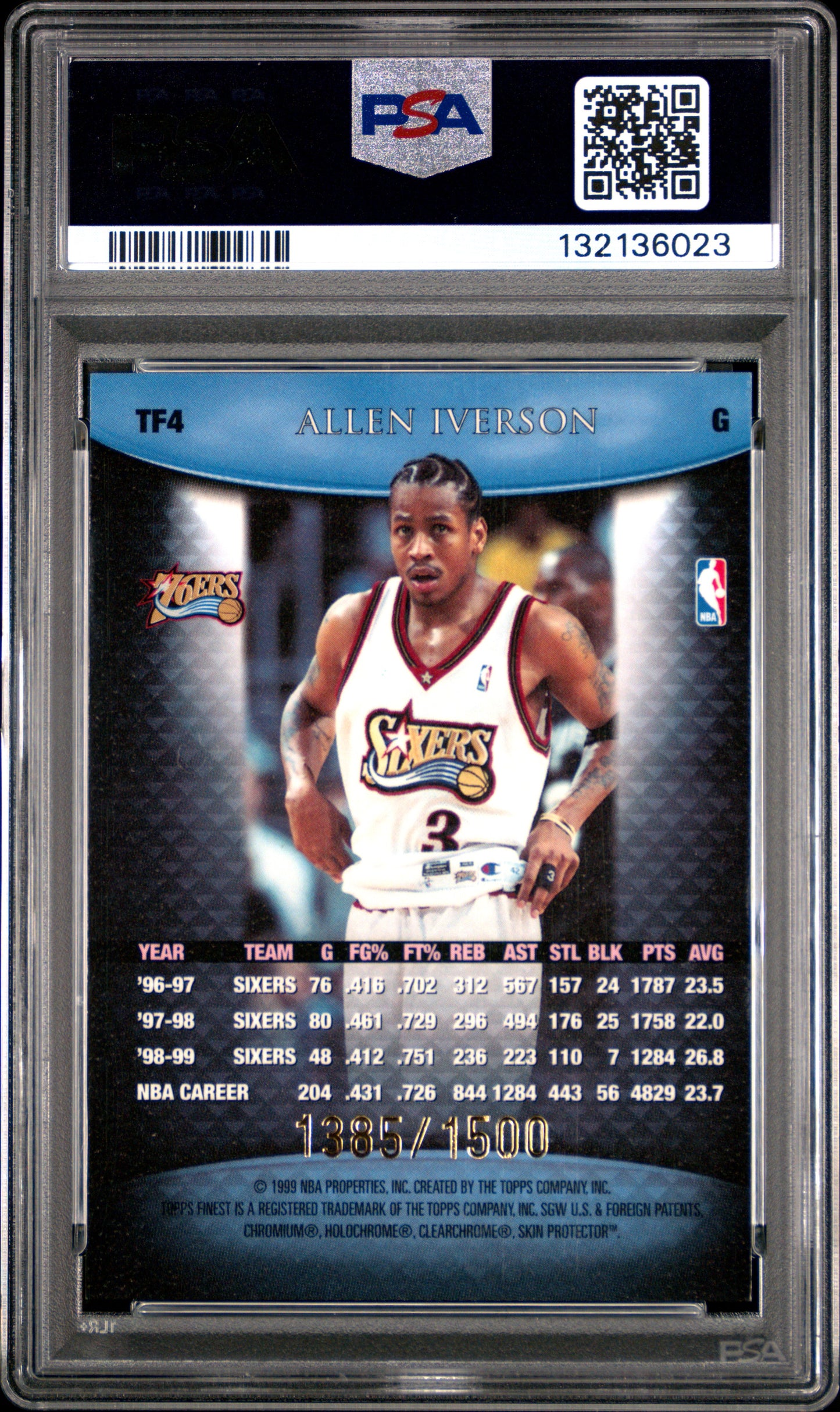 1999 Topps Finest Team Finest Blue w/Coating /1500 #TF4 Allen Iverson PSA 9