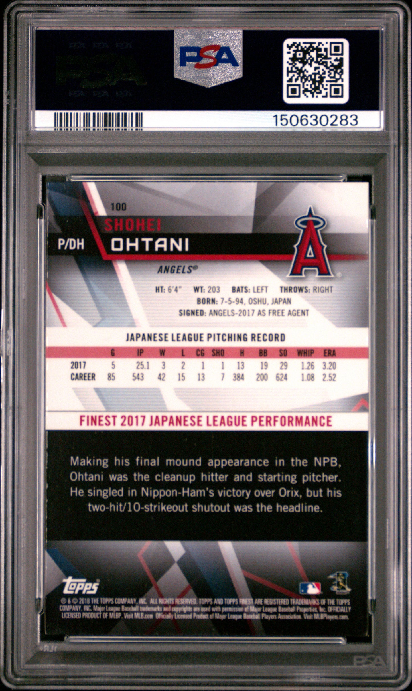 2018 Topps Finest #100 Shohei Ohtani PSA 9