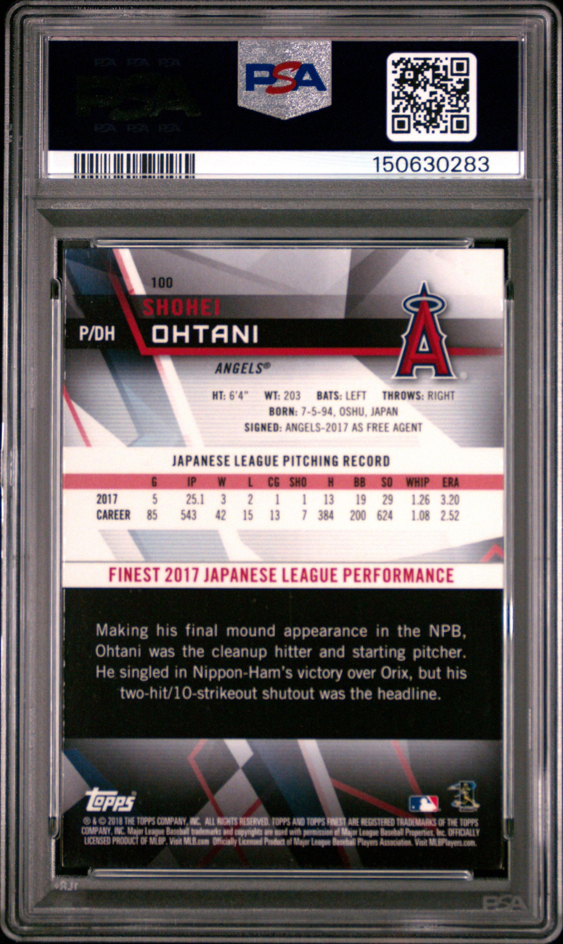 2018 Topps Finest #100 Shohei Ohtani PSA 9