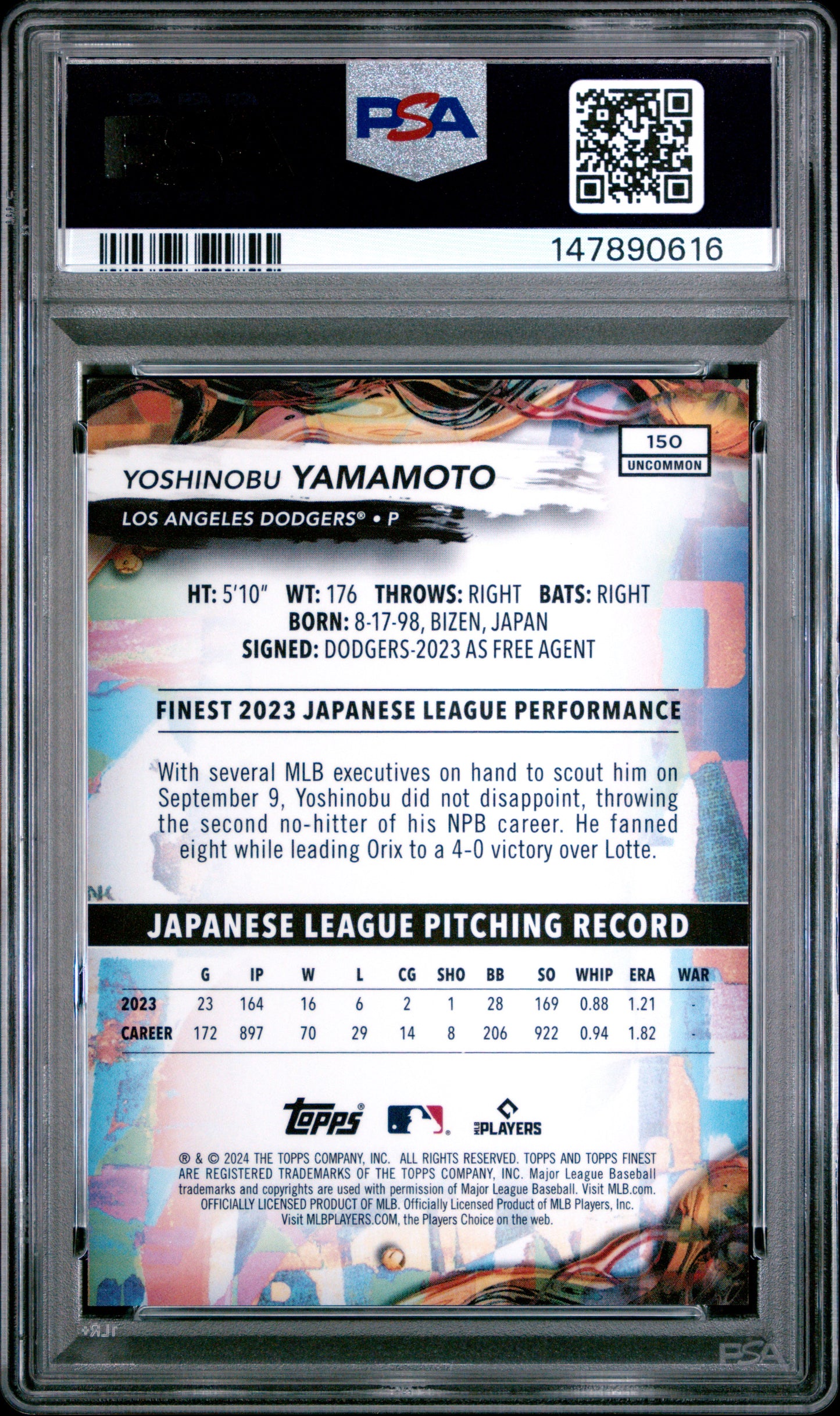 2024 Topps Finest Blue Refractor /150 #150 Yoshinobu Yamamoto PSA 10