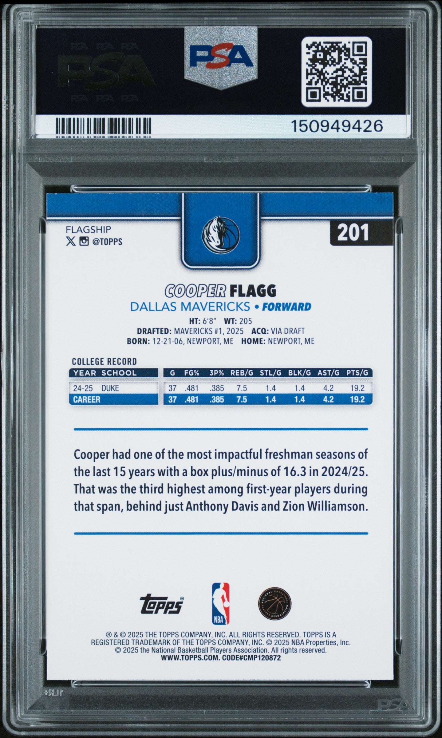 2025 Topps #201 Cooper Flagg PSA 9