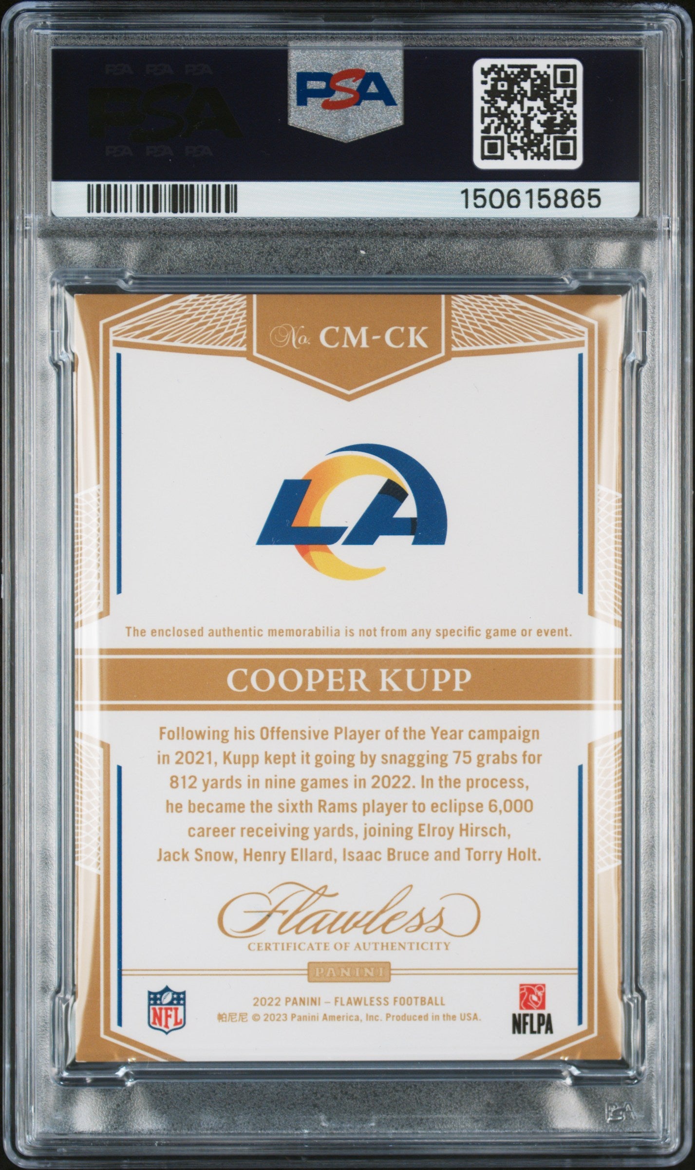 Back side of 2022 Panini Flawless Career Milestones Emerald /2 Cooper Kupp #CM-CK PSA 7