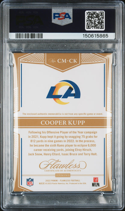 Back side of 2022 Panini Flawless Career Milestones Emerald /2 Cooper Kupp #CM-CK PSA 7