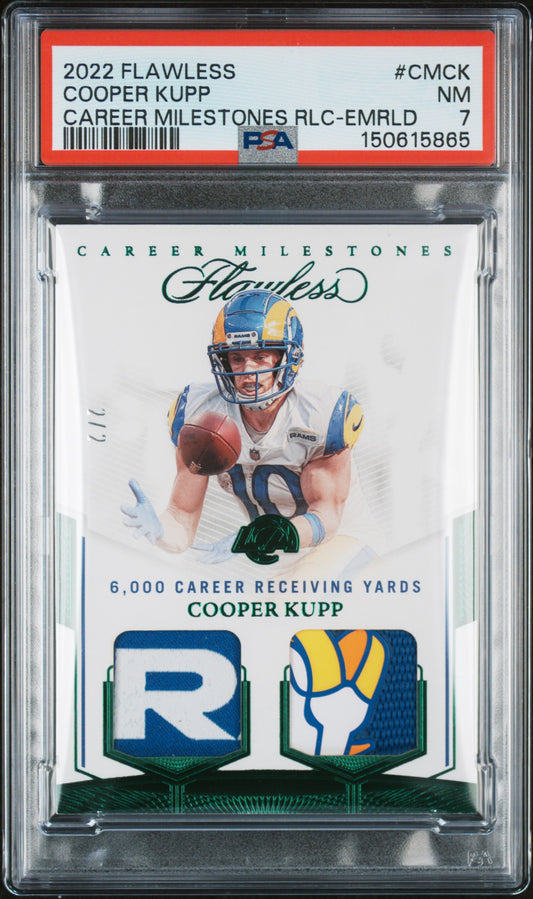 Front side of 2022 Panini Flawless Career Milestones Emerald /2 Cooper Kupp #CM-CK PSA 7