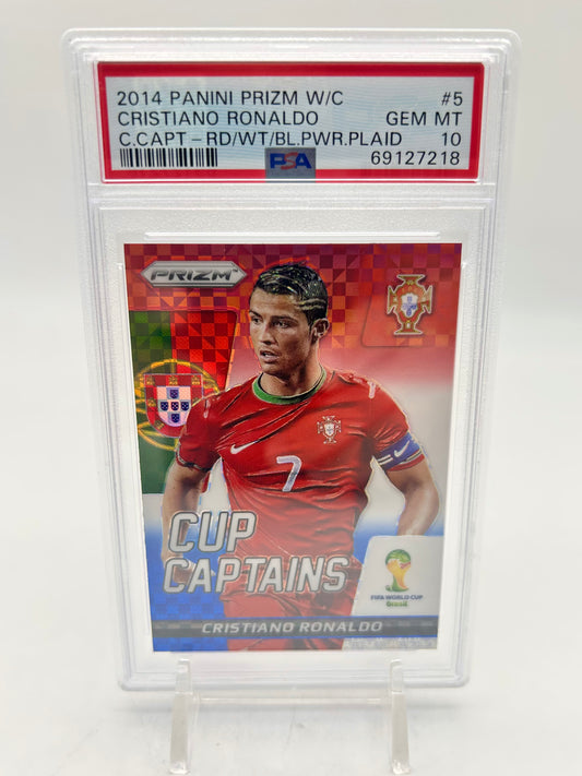 2014 Panini Prizm World Cup Captains Red White & Blue Power Plaid Cristiano Ronaldo PSA 10
