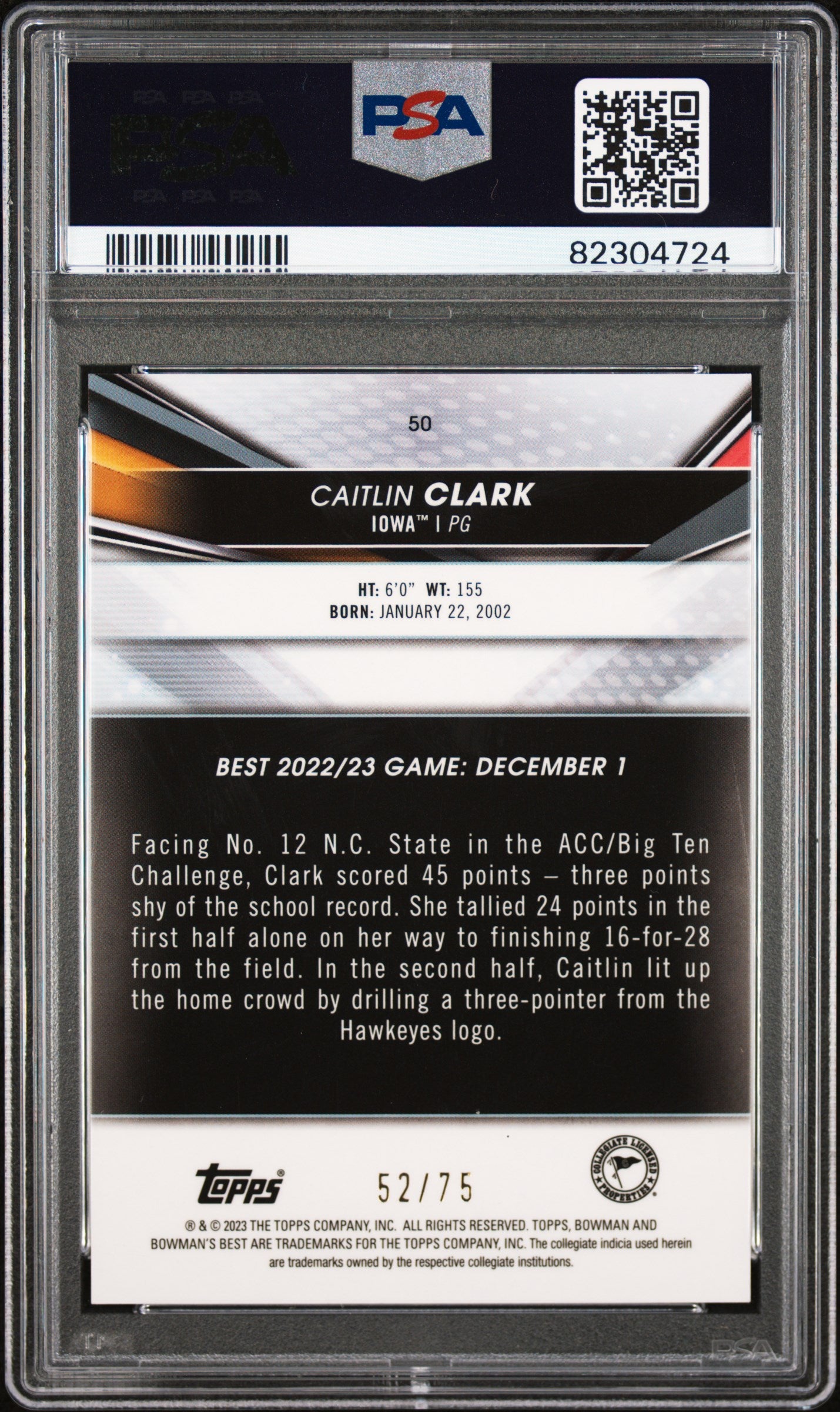 2022 Bowman University Best Gold Lava Refractor /75 #50 Caitlin Clark PSA 10