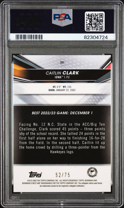 2022 Bowman University Best Gold Lava Refractor /75 #50 Caitlin Clark PSA 10