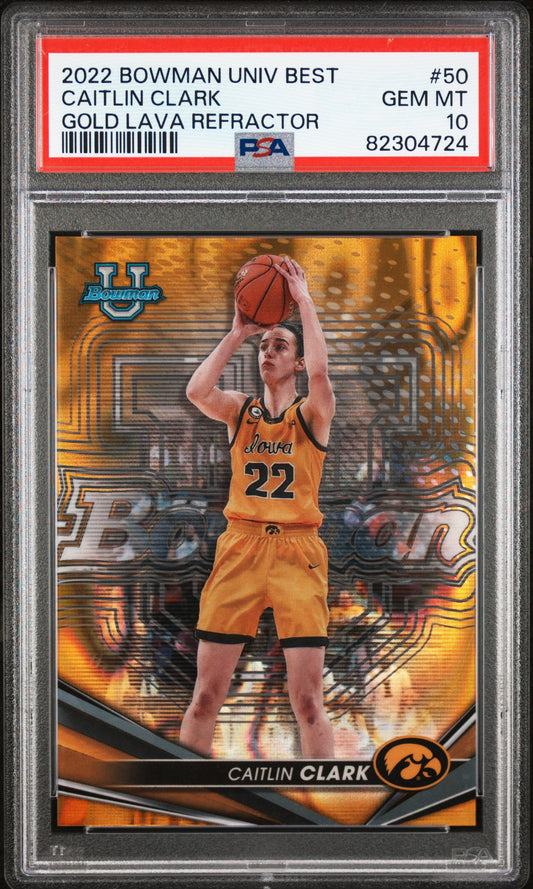 2022 Bowman University Best Gold Lava Refractor /75 #50 Caitlin Clark PSA 10