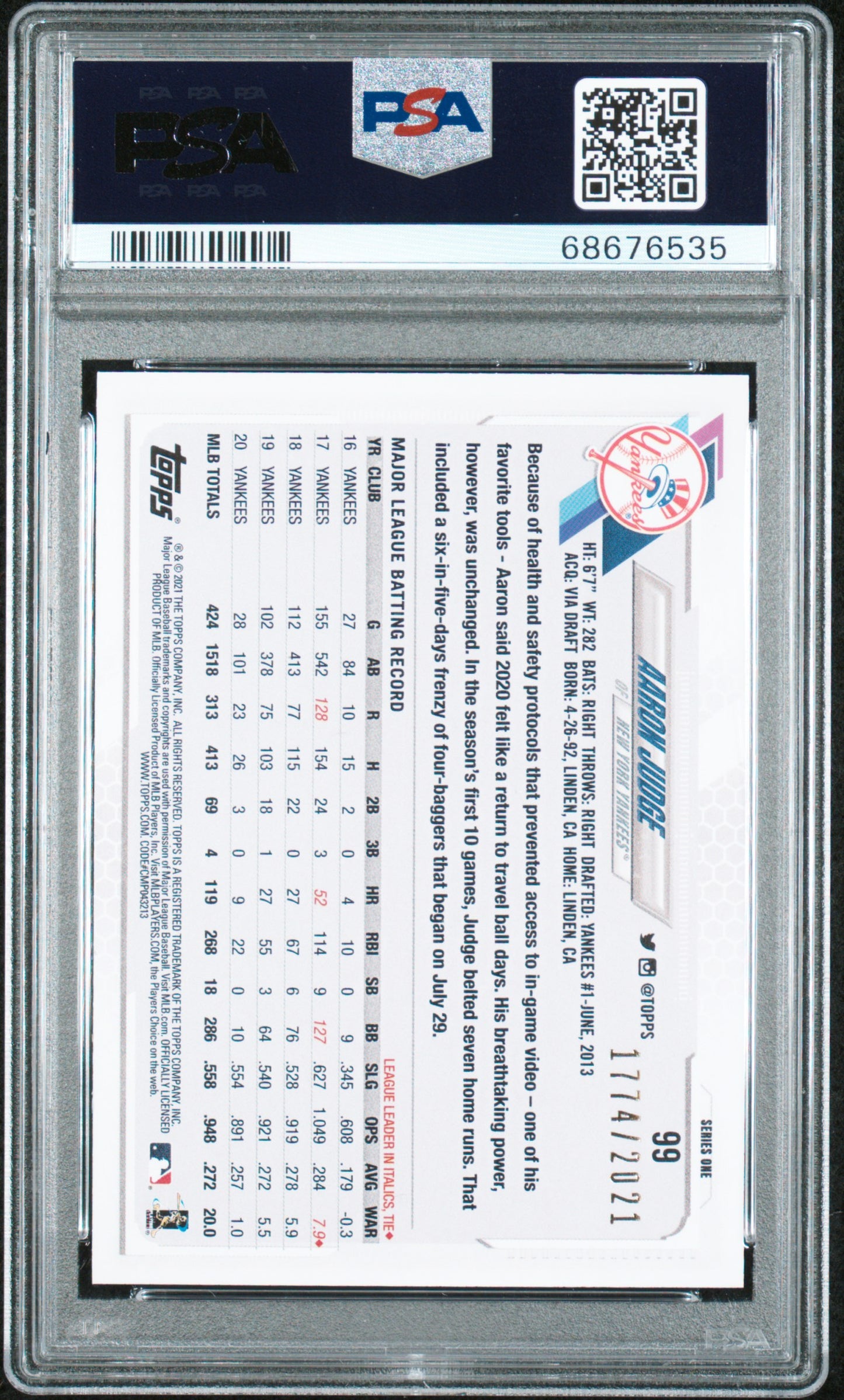 2021 Topps Gold /2021 #99 Aaron Judge PSA 9