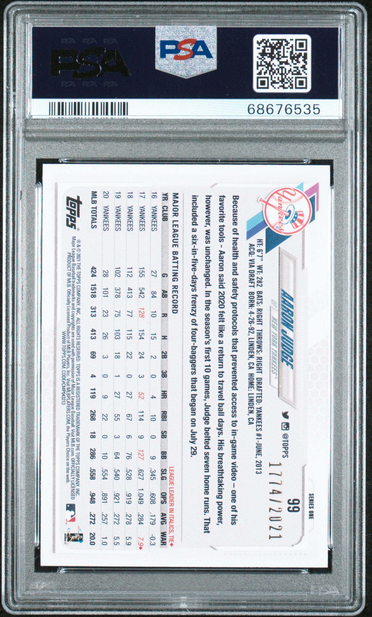 2021 Topps Gold /2021 #99 Aaron Judge PSA 9