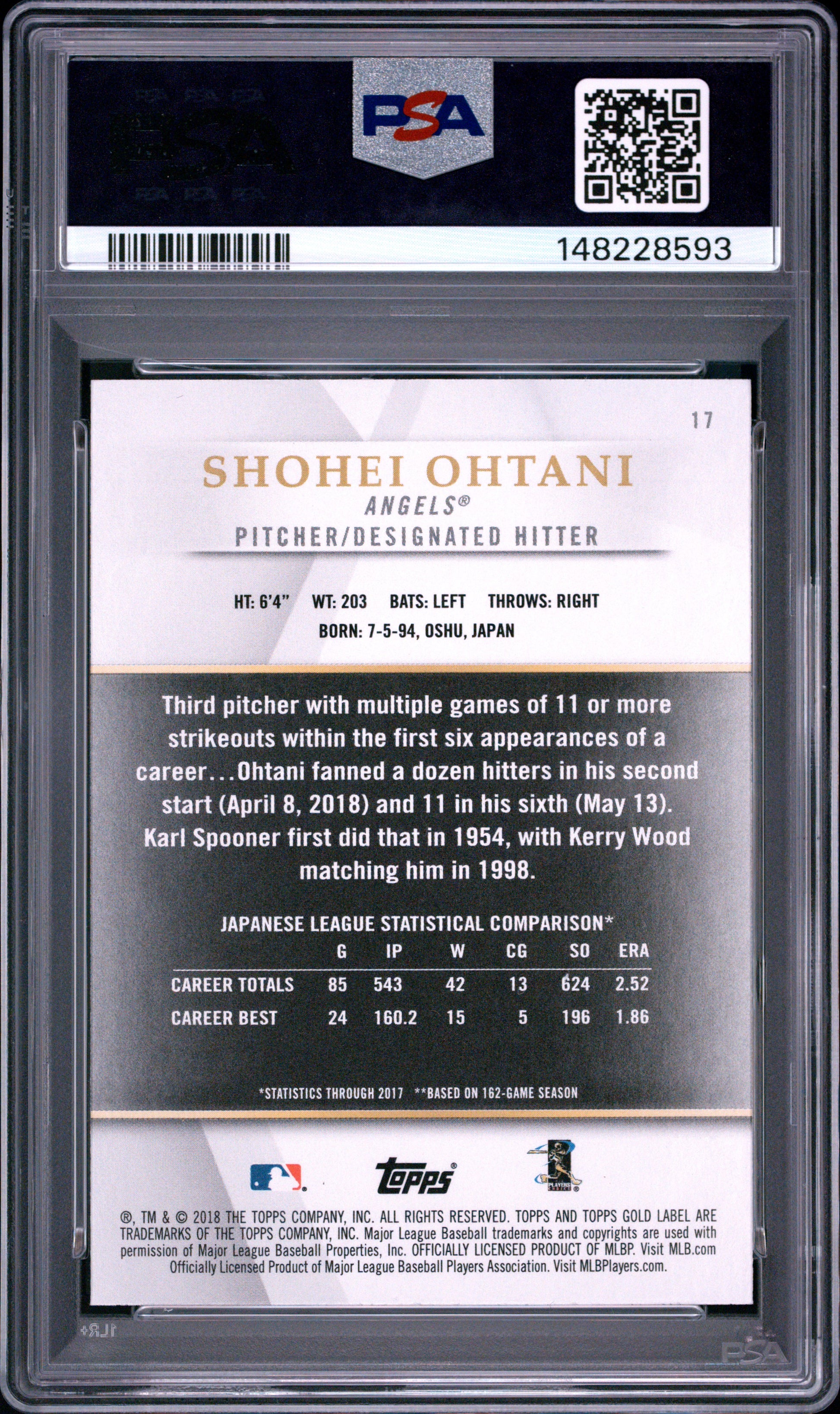 2018 Topps Gold Label Class 1 #17 Shohei Ohtani PSA 8