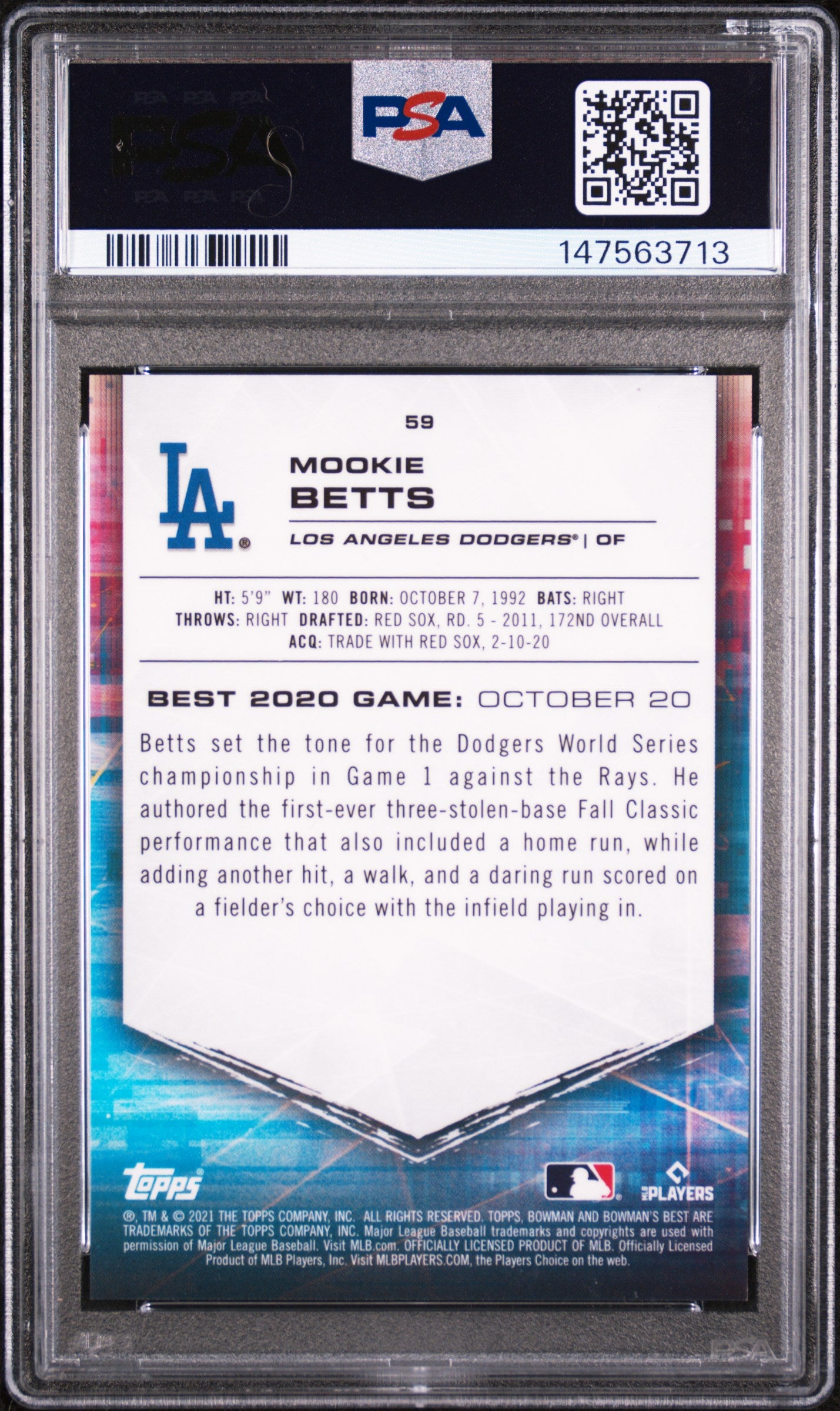 2021 Bowman's Best Gold Lava Refractor /75 #59 Mookie Betts PSA 10