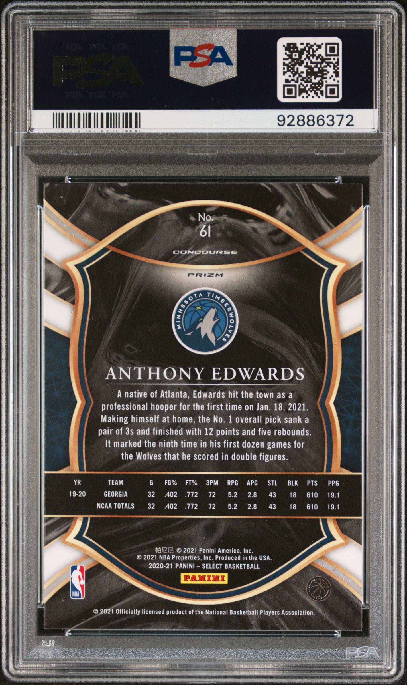 2020 Panini Select Green/White/Purple Anthony Edwards #61 PSA 10