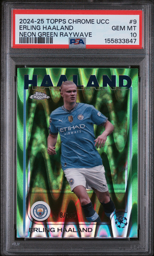 2024 Topps Chrome UCC Neon Green Raywave /125 #9 Erling Haaland PSA 10
