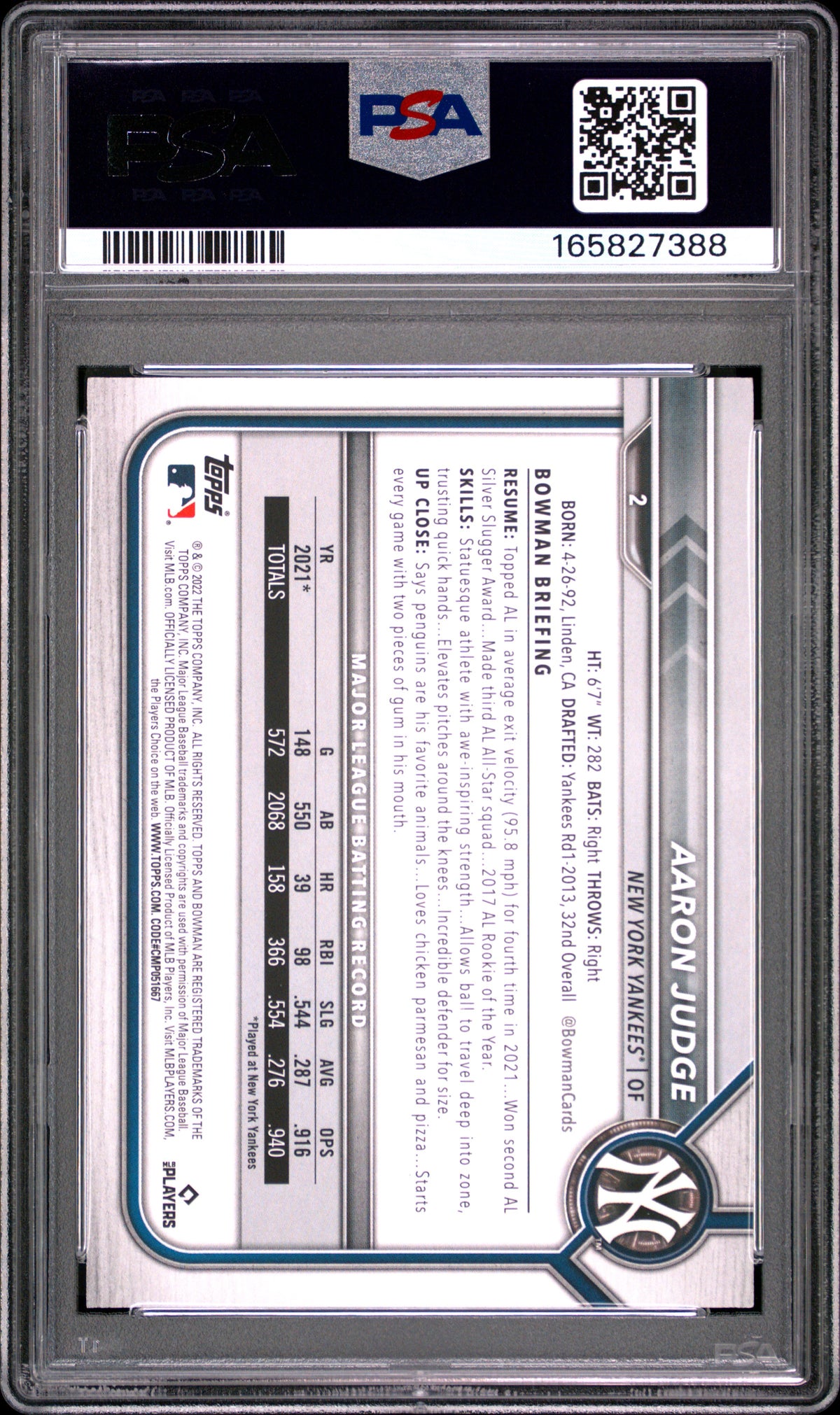 2022 Bowman Green Pattern /99 #2 Aaron Judge PSA 10