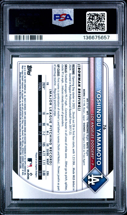 2025 Bowman Chrome Green Wave /99 #76 Yoshinobu Yamamoto PSA 8