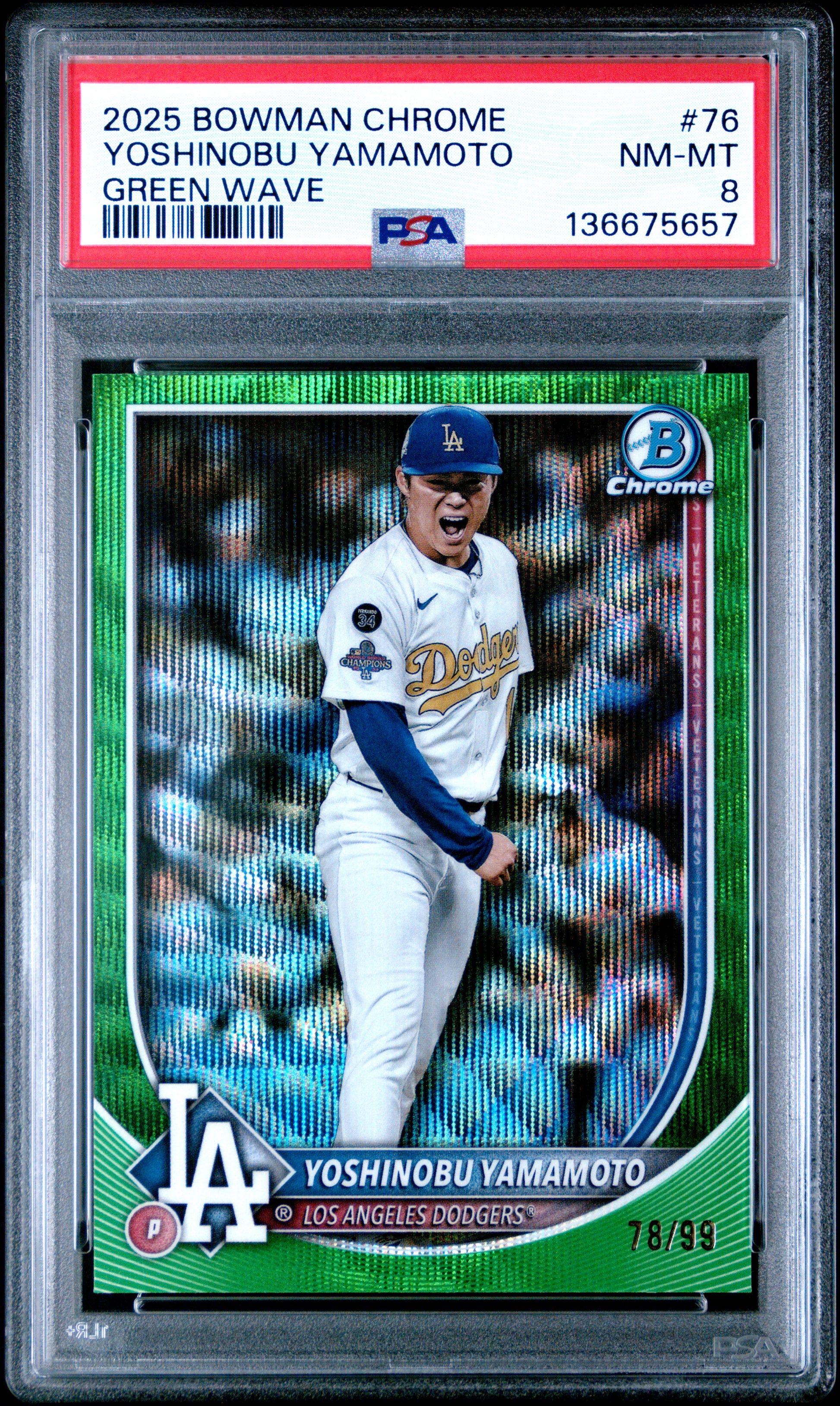 2025 Bowman Chrome Green Wave /99 #76 Yoshinobu Yamamoto PSA 8