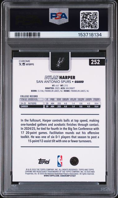 2025 Topps Chrome Sapphire #252 Dylan Harper PSA 9 - Back