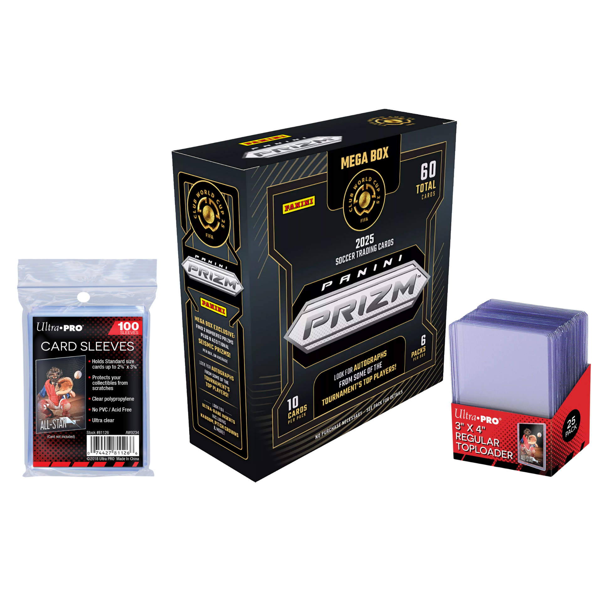 2025 Panini Prizm FIFA Club World Cup Soccer Hobby Mega Bundle - Hobby Mega Box, Ultra Pro Sleeves, and Ultra Pro Toploaders.