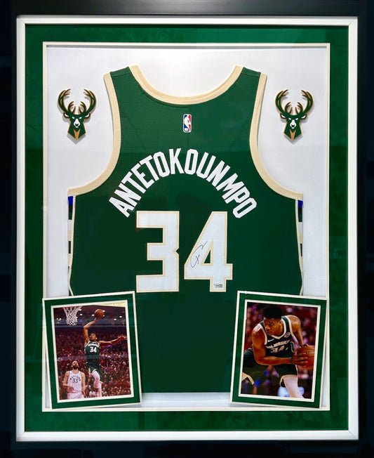 Giannis Antetokounmpo Deluxe Framed Autographed Nike Green Icon Swingman Jersey