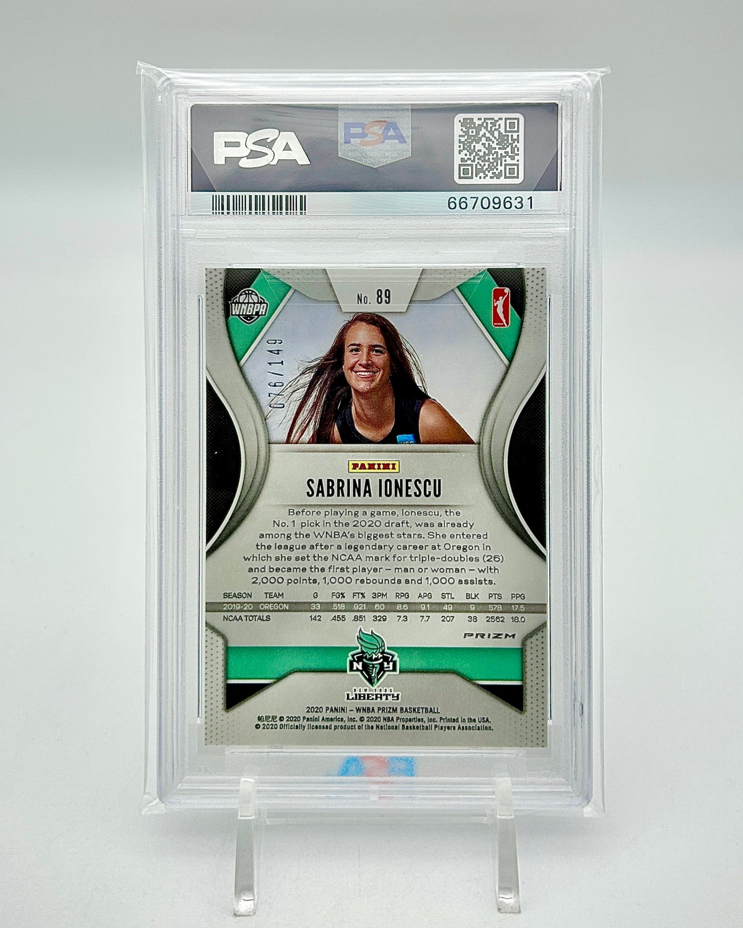 2020 Panini Prizm WNBA Blue Prizm 076/149: #89 Sabrina Ionescu (PSA 10)